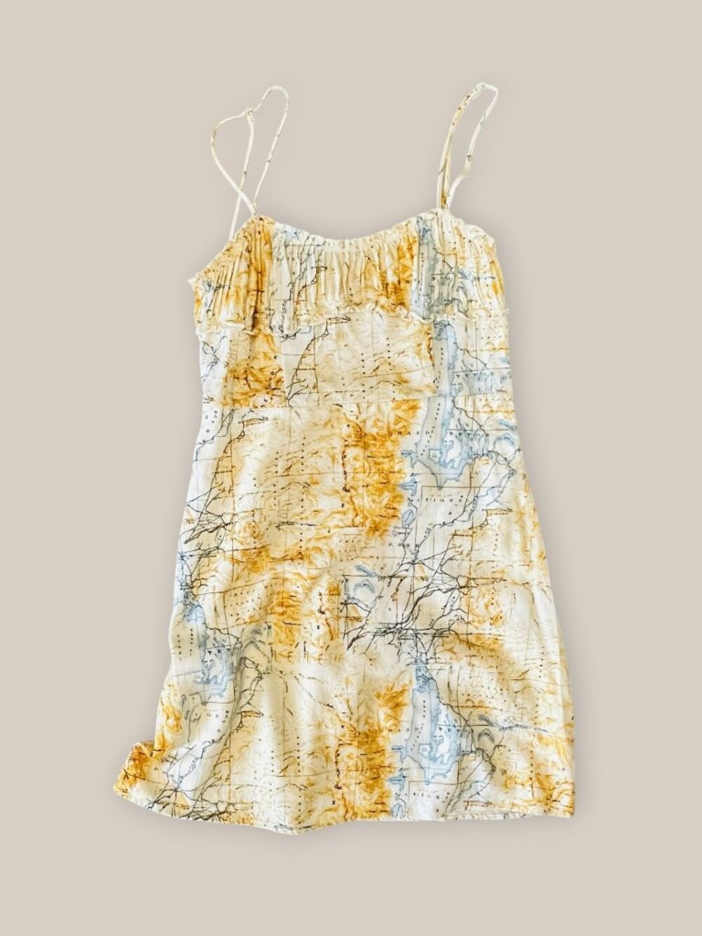 Urban Outfitters Yellow Map Print Mini Slip Dress Ruched Empire Waist Small